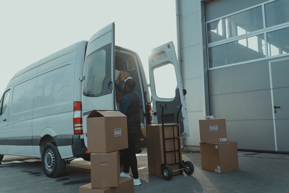 A woman with long, curly hair wearing a grey hoodie is engaged in the home relocation process, carrying a medium-sized cardboard box with a red and white logo, heading towards an orange SUV with an op